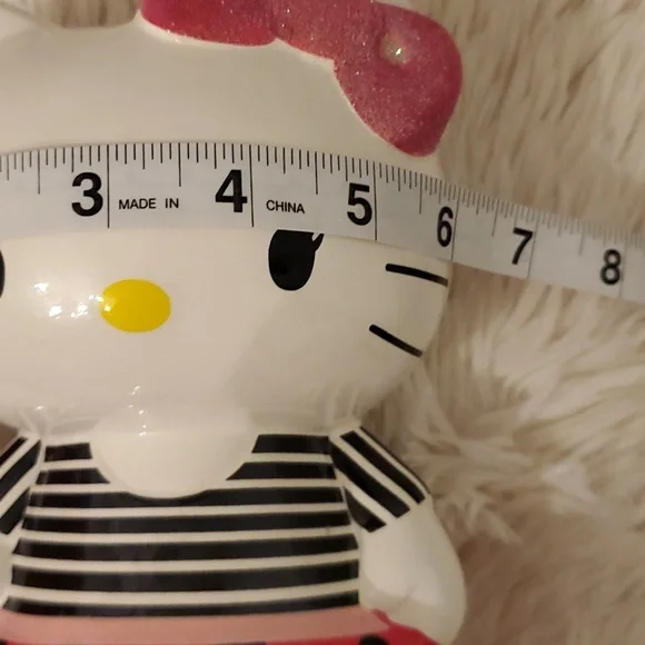 Hello Kitty Ceramic Coin Bank 8" Tall. Pink Polka Dot Skirt, Striped Blouse - Picture 9 of 10